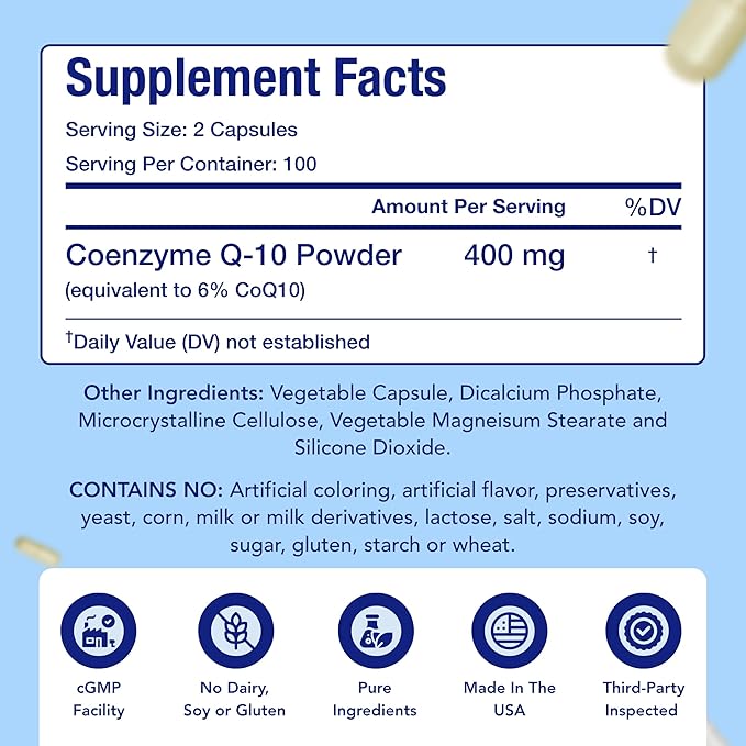 CoQ10 400mg Capsules | Vegan Friendly Coenzyme Q10 400mg per Serving from Easy Absorption Ubiquinone Supplement for Skin Heart and Energy Support | Made in the USA in cGMP Facilities (100 Servings)