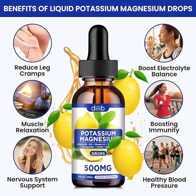 Potassium Magnesium Citrate Supplement, Liquid Magnesium Citrate Drops 500mg with Ashwagandha, Calcium, Zinc, Vitamin D3, B6, B12, CoQ10 - Vegan 2 fl oz Lemon Flavor