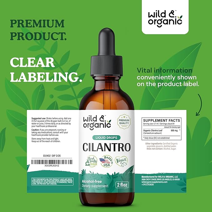 Wild & Organic Cilantro Tincture - Detox Cleanse w/Cilantro - Antioxidant Drops w/Dried Cilantro Leaves Extract - Vegan Cilantro Detox Supplements - Alcohol-Free Cilantro Drops - 2 oz