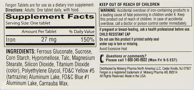 Fergon Iron Supplement, Tablets, 100 Count (Pack of 3)