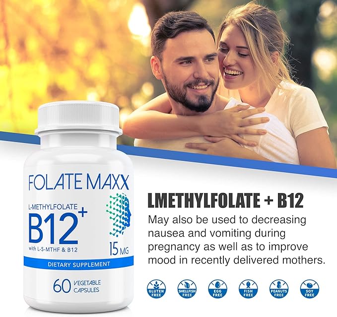 FolateMaxx L-Methylfolate + B12 Methylcobalamin Blend 15mg - 60 Capsules - Active Folic Acid & Methylated B12 - 5-MTHF & B12 Supplement for Men & Women - Non GMO, Gluten Free, No Fillers