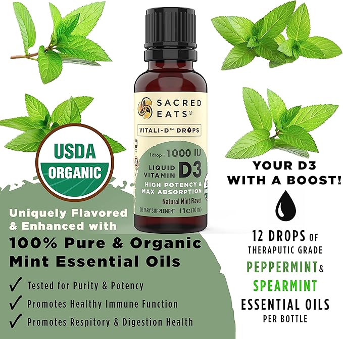Organic Liquid Vitamin D Drops for Kids & Adults, Sugar Free. Easy to Use 1,000 IU/Drop in Coconut MCT Oil. Lasts Months, Best for High Doses. Max Absorption VIT D3 Supplement. Great Taste (Mint)