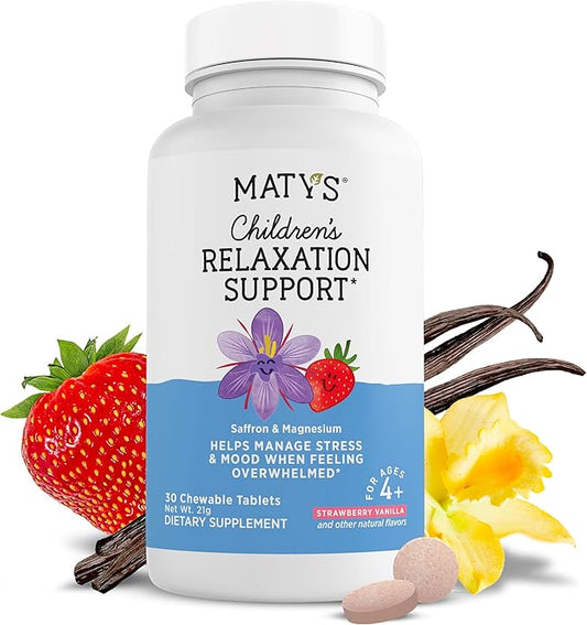 Matys Kids Relaxation Support Chewable Tablets for Ages 4 Years +, Magnesium & Saffron Helps Calm Active Mind & Body to Unwind & Chill, Clean Alternative Made with Saffron & Magnesium, 30 Count