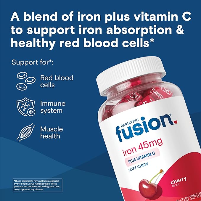 Bariatric Fusion Iron Supplement for Women Anemia | Chewable Iron with Vitamin C | Cherry Flavored Soft Chew | Gentle on Stomach Ferrous Fumarate for Women and Men | Gluten Free | 60 Count