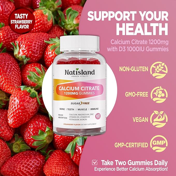 Calcium Citrate Gummies 1200 mg, Chewable Calcium Supplements for Women & Men with Vitamin D3, K2, Magnesium, Zinc, Potassium, Boron, Sugar-Free, Vegan, Immune & Bone Support, 60 Gummies