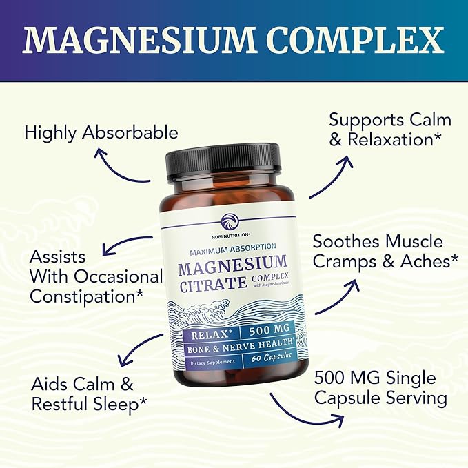 Magnesium Citrate Complex 500 MG for Calm, Relaxation, Constipation & Digestion Support | High Absorption Magnesium Supplement with Elemental Mag Oxide | Non-GMO, Soy-Free | 60 Ct (2 Month Supply)