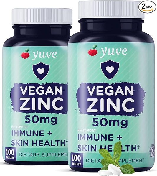 Yuve Natural Vegan Zinc Vitamins Supplements 50mg, Supreme Immune Support, Fast Relief from Colds and Flu, Acne Free Skin, Healthy Hormone Levels, Non-GMO, Gluten & Sugar Free - 100 Veg Tabs (2 Pack)