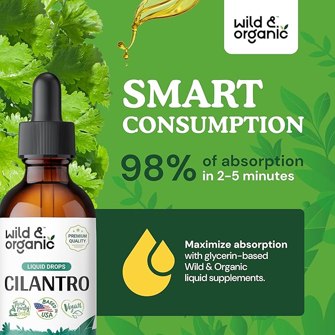 Wild & Organic Cilantro Tincture - Detox Cleanse w/Cilantro - Antioxidant Drops w/Dried Cilantro Leaves Extract - Vegan Cilantro Detox Supplements - Alcohol-Free Cilantro Drops - 2 oz