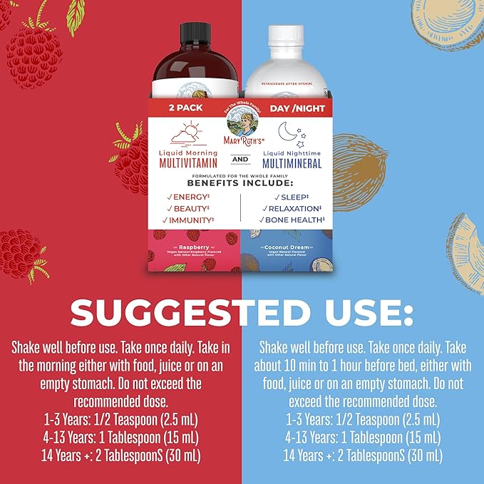 MaryRuth Organics Liquid Morning Multivitamin & Liquid Nighttime Multimineral Bundle, Vegan Vitamin C, Vitamin D, B Complex, Magnesium, Energy, Beauty, Sleep Support, NO Melatonin, 32 Fl Oz Each