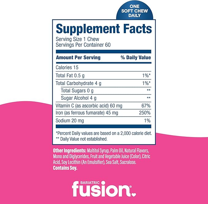 Bariatric Fusion Iron Supplement for Women Anemia | Chewable Iron with Vitamin C | Watermelon Flavored Soft Chew | Gentle on Stomach Ferrous Fumarate for Women and Men | Gluten Free | 60 Count