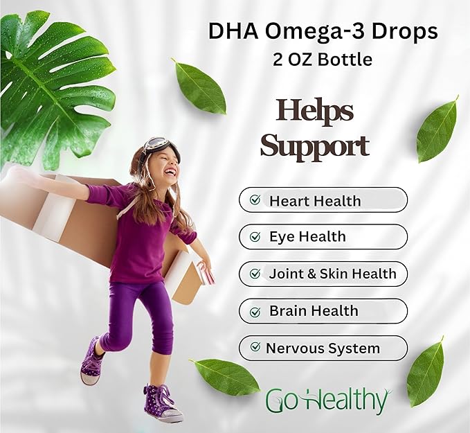 Go Healthy DHA Omega 3 Supplement Liquid Drops for Kids, Children, Infants & Adults - Vegan Omega 3 Fish Oil Alternative, Orange Flavor, 30,000 mg DHA per Bottle 30-120 Servings