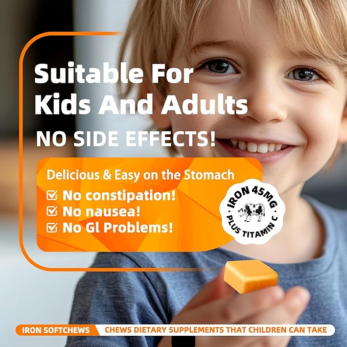 Iron Supplement Chews with Vitamin C for Women Men and Kids, Natural Vegan Iron Soft Chew with Vitamin B6,B12,D, Calcium & Zinc - Energy Support, 60 Orange SoftChews,2 Month Supply