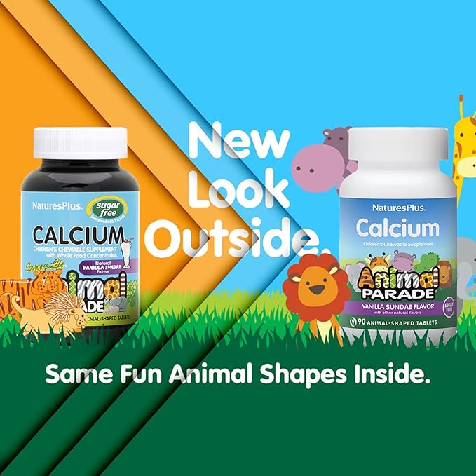 NaturesPlus Animal Parade Sugar-Free Children's Calcium, Vanilla Sundae Flavor - 90 Chewable Animal Shaped Tablets, Pack of 2 - Magnesium for Bone Health - Gluten Free - 90 Servings