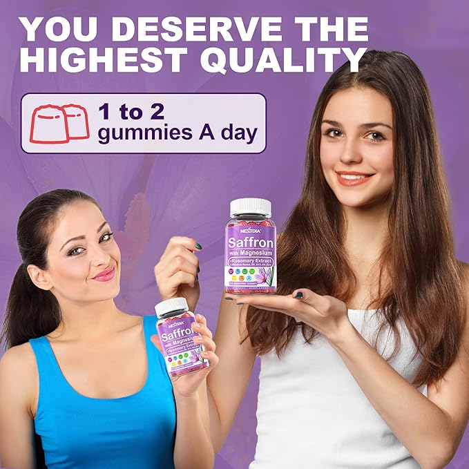Saffron Supplements Gummies - 4 Months Supply - Saffron Extract 177mg 88.5mg, w/Magnesium Glycinate 400mg 200mg, Rhodiola Rosea, Rosemary, B6 B12 D3 for Calm, Nerve, Rest, Focus, Sugar-Free, 2 Pack