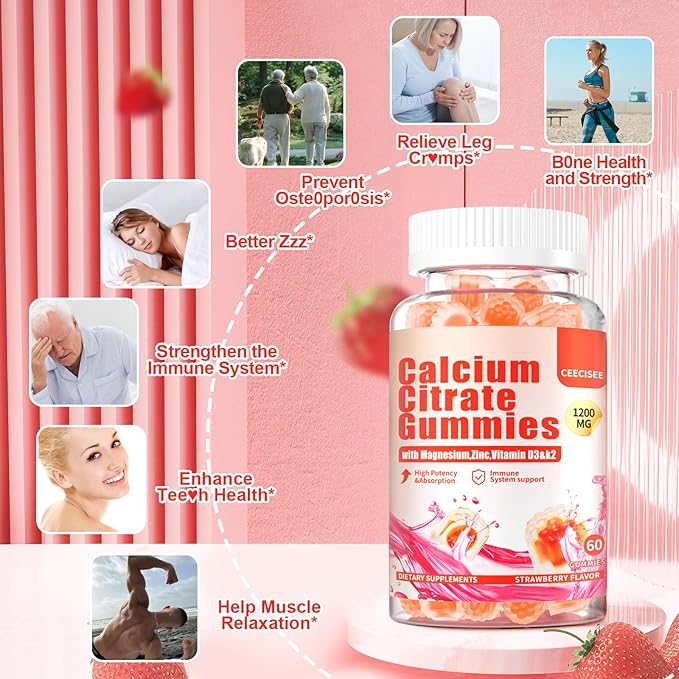 Calcium Citrate Gummies 1200mg for Adults: Ultimate Absorption Calcium Magnesium D3 K2 Supplement for Women & Men - Supports B0ne Strength, Immune(60Count)