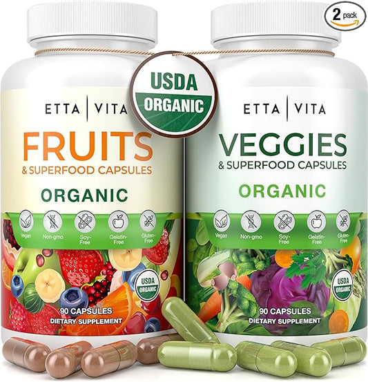 100% Organic Fruits and Veggies Supplement (USDA Organic - Made in USA) 180 Potent Fruits and Vegetable Capsules for Energy Boost & Daily Fruit and Vegetable Vitamins - Vegan, Non-GMO, Gluten-Free