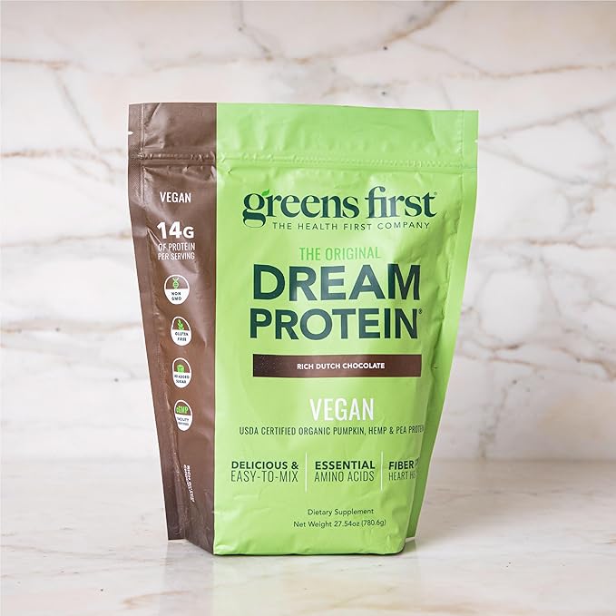 Greens First Dream Protein Plant-Based Vegan Powder - USDA Organic Pumpkin, Hemp & Pea Protein - Gluten-Free, Non-GMO, No Added Sugar (Rich Dutch Chocolate, 27.54 oz)