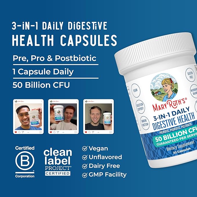 MaryRuth Organics 3 in 1 Probiotics for Digestive Health | Prebiotic & Postbiotic | Gut Health Supplement for Women & Men | Powder Probiotics for Women | Immune Support | 50 Billion CFU | 0.5 oz
