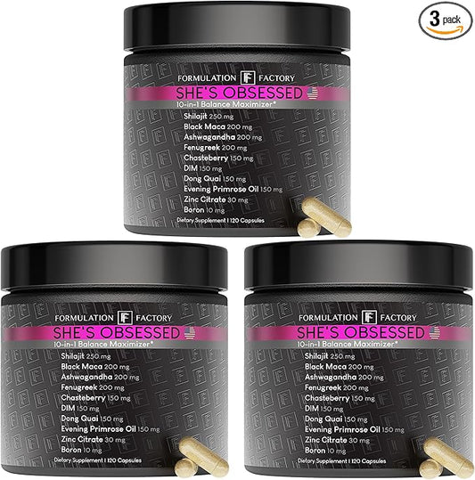 She's Obsessed: 10-in-1 Hormone Balance Maximizer with Shilajit, Maca, Ashwagandha, DIM, Dong Quai, Zinc & More for Vitality & Balance (120 Count (Pack of 3))