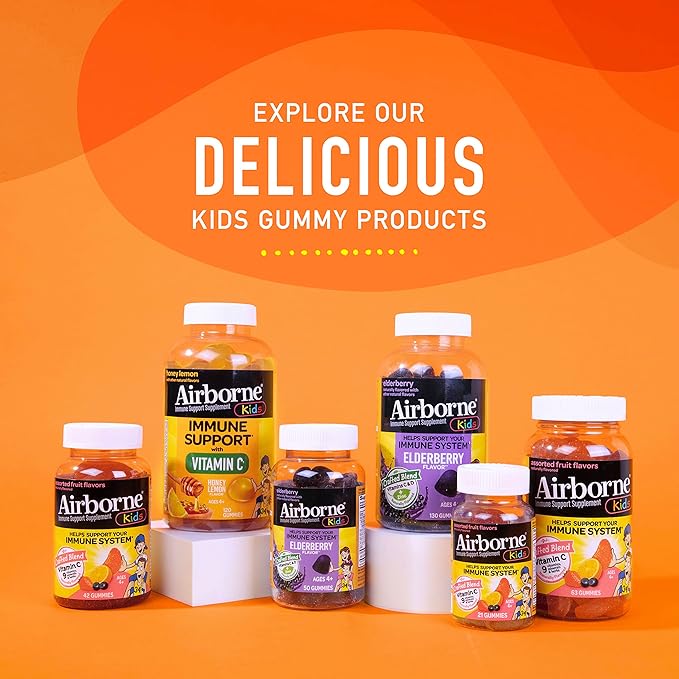 Airborne KIDS Elderberry + Zinc & Vitamin C Gummies, Kids Immune Support with Powerful Antioxidants Vit D & E - 50 gummies, Elderberry Flavor