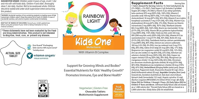 Rainbow Light Kids One Multivitamin, Chewable Multivitamin for Kids Provides Healthy Growth and Immune Support, With Vitamin C, Zinc, & B Complex, Vegetarian and Gluten Free, Fruit Punch, 90 Count
