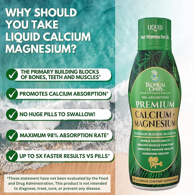 Premium Liquid Calcium Magnesium Supplement | Promotes Strong Bones & Healthy Teeth | Natural Liquid Vitamin w/Calcium, Magnesium Citrate, Boron & Vitamin D3 | 98% Max Absorption | 16oz, 32 Serv