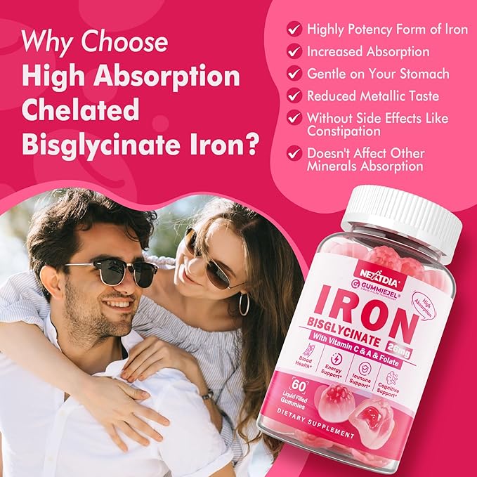 Vegan Iron Supplement for Women 26mg, Iron Gummies w/Vitamin C, Beetroot, Folate, B12, Zinc, for Iron Deficiency, Energy Boost, Non-Constipating, No After Taste, Strawberry Flavor, Sugar-Free 60Cts