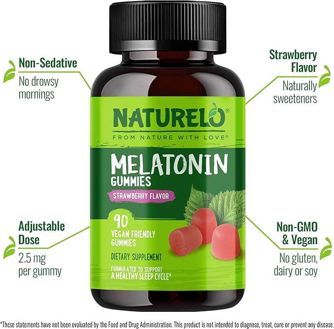 NATURELO Melatonin Gummies – Non-GMO, Gluten-Free, Soy Free - Strawberry Flavor - Gentle Sleep Supplement - 90 Vegetarian Gummies