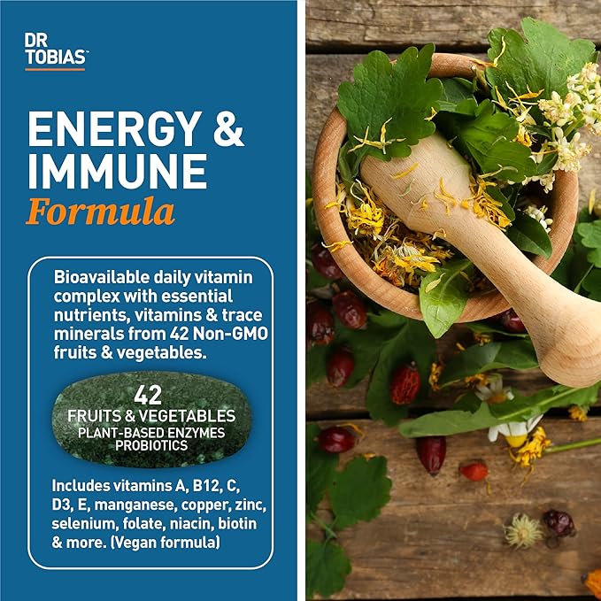 Dr. Tobias Adult Multivitamin for Women & Men, Immune Supporting Vitamins from 42 Fruits, Vegetables, Plus Probiotics, Vegan Multivitamins for Men & Women, Non-GMO, 90 Tablets, 30 Servings
