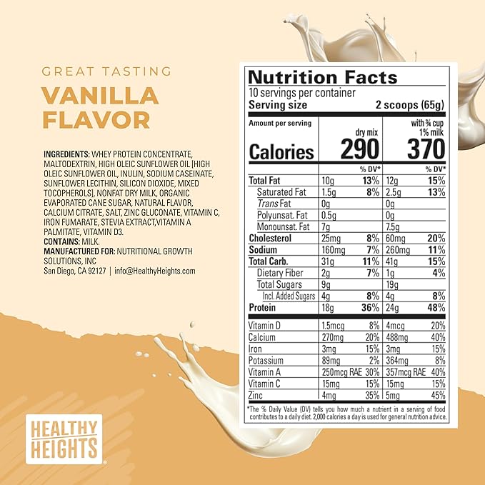 Healthy Heights Grow Daily Kids Protein Drink Mix (Vanilla) - High Protein Shake for Boys 10+