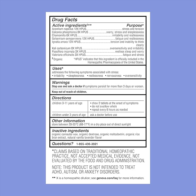 Genexa Kid’s Calm Keeper | Stress Relief for Children | Eases Worries & Tensions| Natural Vanilla & Lavender Flavor | Certified Vegan, Gluten Free, & Non-GMO | 60 Chewable Tablets for Ages 3-11