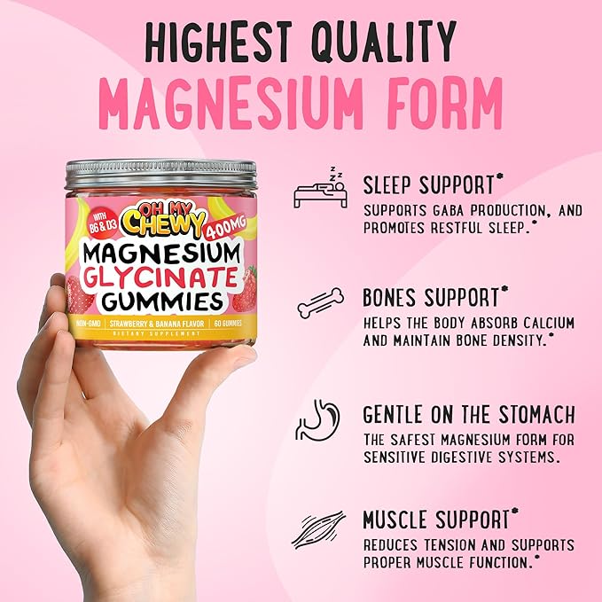 Center-Filled Magnesium Glycinate Gummies 400MG - High Absorption for Kids, Teens & Adults - Supplement for Sleep, Calm & Muscle Relaxation with B6 & D3 - Gluten Free & Vegan Friendly - 60 Count