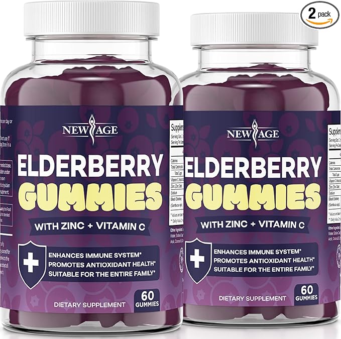 NEW AGE (2-Pack) Premium Elderberry Gummies for Adults Kids with Vitamin C, Zinc, Propolis - Sambucus Black Elderberry Gummy Extract - Gluten Free & Vegetarian - 120 Gummies