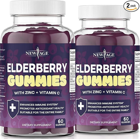 NEW AGE (2-Pack) Premium Elderberry Gummies for Adults Kids with Vitamin C, Zinc, Propolis - Sambucus Black Elderberry Gummy Extract - Gluten Free & Vegetarian - 120 Gummies