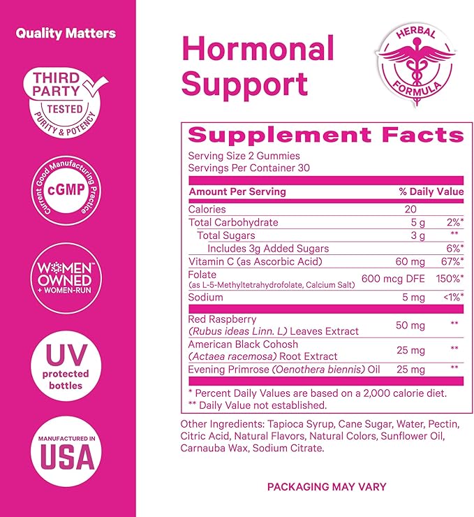Pink Stork Hormone Balance Gummies for Women - Hormone Harmony for Mood, Energy, Bloating - Hormonal PMS, Perimenopause & Menopause Support - Red Raspberry Leaf & Black Cohosh - 60 Gummy Supplements