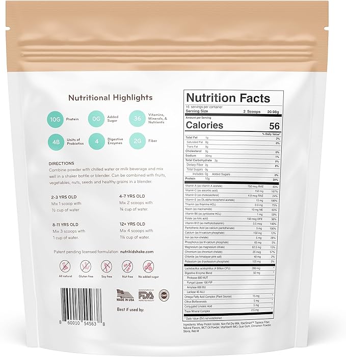 Kids Healthy Protein Powder Shake- 36 Essential Vitamins, 10g Whey Protein, Weight Gain Drink Mix for Kids, Digestive Enzyme Probiotics, Snack for Kids Growth12.25 oz