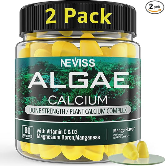 (2 Pack) Algae Calcium Gummies 600mg with Vitamin D3, C, Magnesium, Boron, Manganese, Plant-Based Calcium Supplement for Bone Health & Strength, Minerals Complex, Gentle Digestion, Sugar Free, Vegan