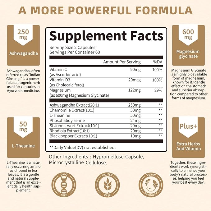 10-in-1 Cortisol Supplements with Magnesium, Ashwagandha, Chamomile, L-Theanine, Phosphatidylserine, St. John's Wort, Rhodiola, Vitamin C & D3, for Women Men, 240 Vegan Capsules for 4 Month, Non-GMO