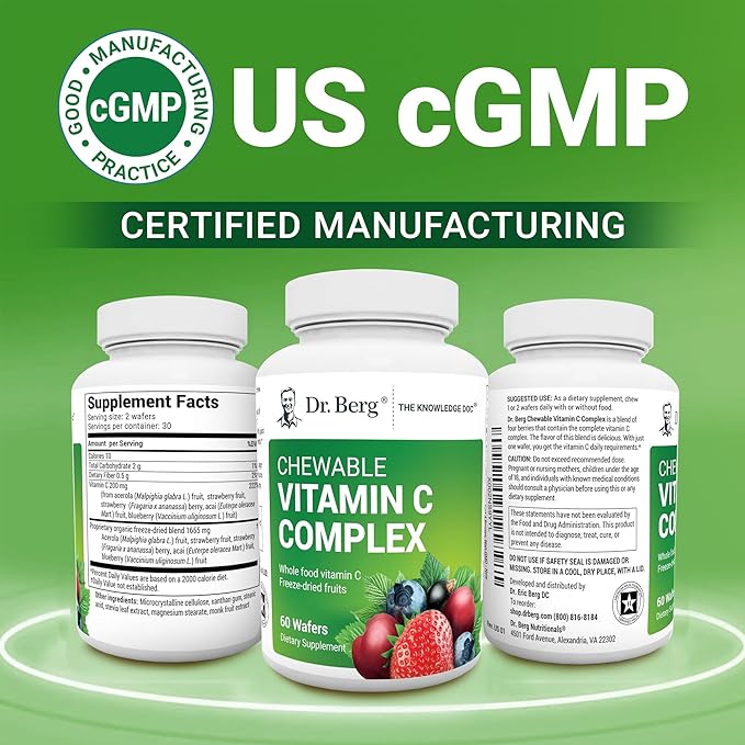 Dr. Berg Chewable Vitamin C Complex - Made with Organic, Non-GMO Berries - 60 Delicious Wafers