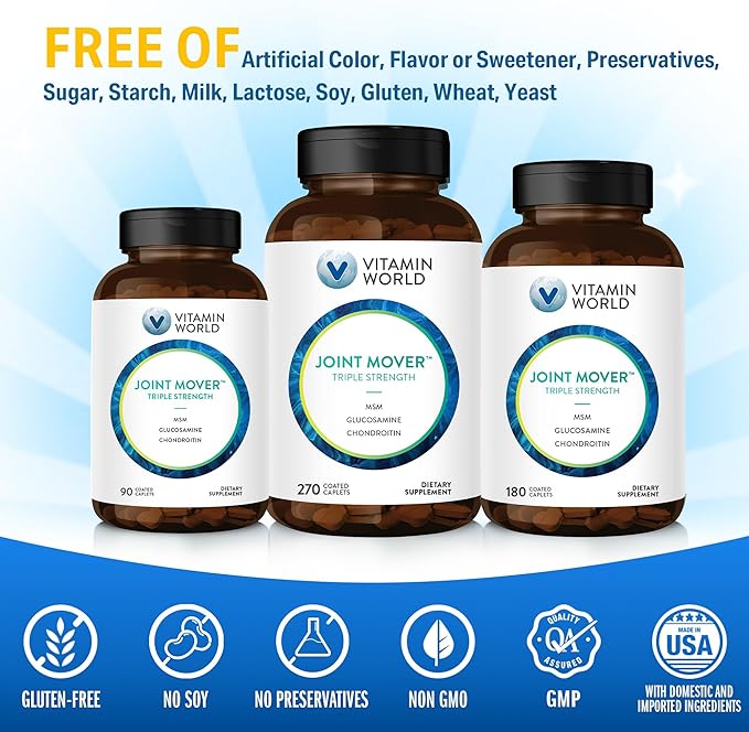 Vitamin World Triple Strength Joint Mover, Glucosamine Chondroitin with MSM Joint Support Supplement, Collagen & Boswellia Serrata Extract, Support Joint Strength, Comfort & Flexibility, 270 Caplets