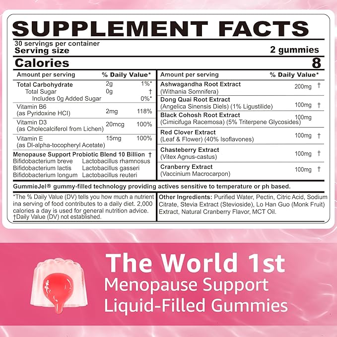 Sugar Free Menopause Supplement Filled Gummies for Women, Menopause Probiotics Hormone Balance Gummies with Ashwagandha, Dong Quai & Black Cohosh for Hot Flashes, Night Sweats, Mood Swings, Gut Health
