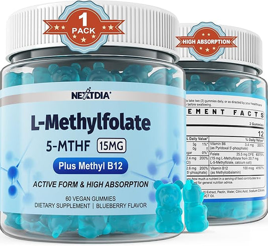 L-MethylFolate 15mg & Methyl B12 Gummies, Methylated B1, B2, B6 Multivitamins - Active 5-MTHF & High Absorption - Supports MTHFR Gene, Cognition, Homocysteine Levels, Folate Metabolism, Vegan, 60 Cts