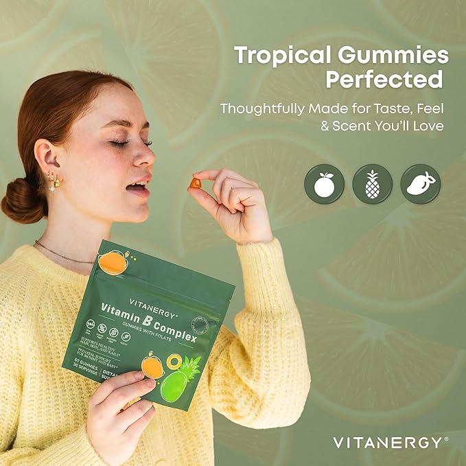 Tropical B Complex Gummies for Women – Sugar-Free, Vegan, Non-GMO – 7 B Vitamins + Iron, Energy & Immune Support – Travel Pouch, Made in USA, 60 Count