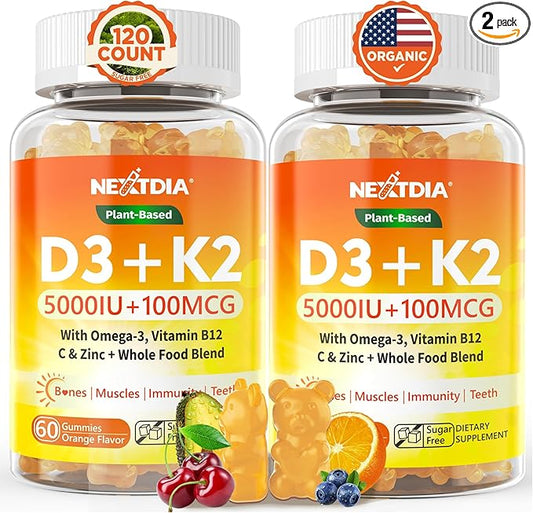 Organic Plant D3 5000 IU + K2(MK-7)100 mcg -5X Absorption Than Standard D3K2, 100% Whole Food Derived Omega-3,Methyl B12,Vitamin C, Zinc,and 5 Organic Vegetables,Supports Bone & Teeth Strength, Immune