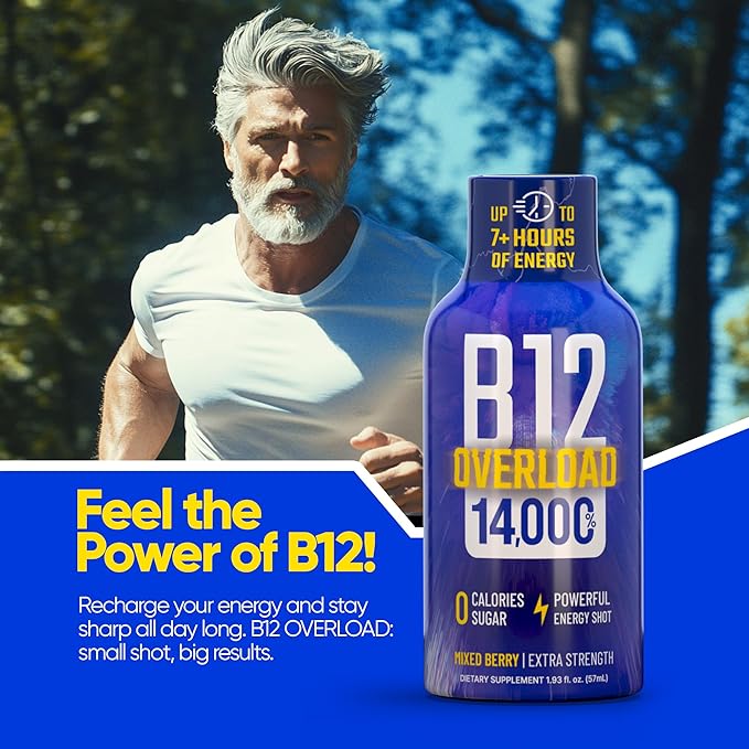 B12 Overload Extra Strength Energy Shot – Mixed Berry – 260mg Caffeine, 14000% B12, Electrolytes – Energy & Vitality Support – Zero Sugar No Calories – Vegan, Kosher, Gluten-Free – 1.93 fl oz, 10-Pack