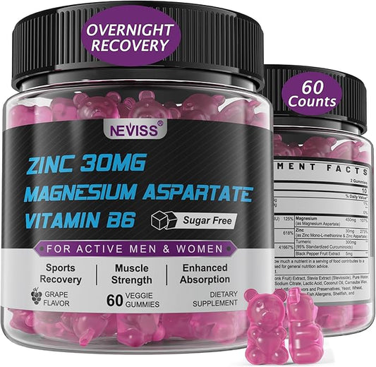 Zinc and Magnesium Supplement, Zinc Magnesium Aspartate Post Workout Gummies for Men Women, w/Vitamin B6, B12, D3, Turmeric for Nighttime Muscle Recovery, Boost Immunity & Sleep, Sugar Free, 60Cts