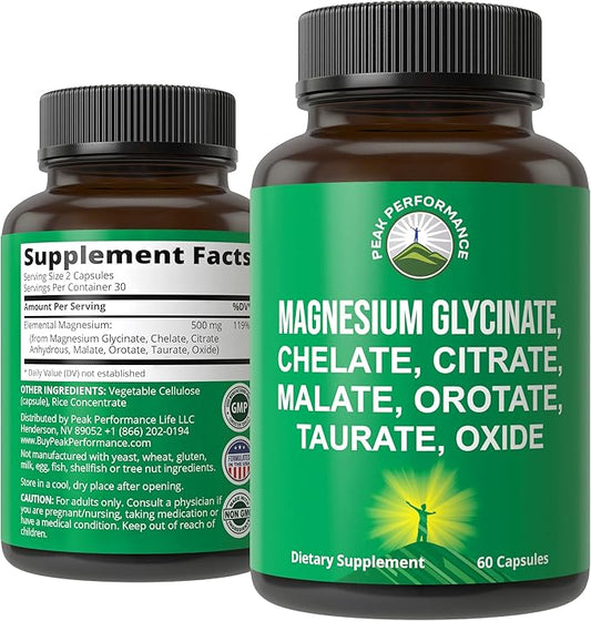 Magnesium Glycinate + Citrate + Malate + Chelate + Orotate + Taurate + Oxide. 7 Forms of Magnesium Complex. 500mg Supplement Capsules for Women & Men. 2 Pills for Sleep, Leg Cramps, Muscles