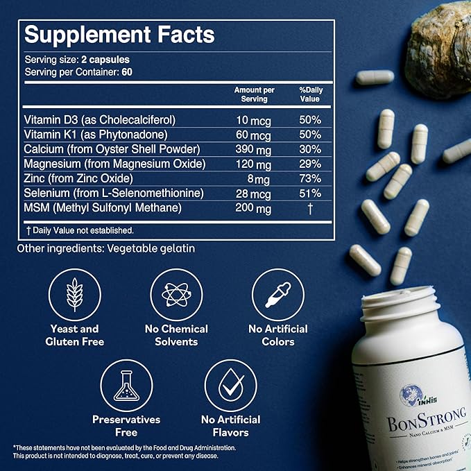 Nano Calcium Supplements for Bone Health 120 Capsules with MSM Made in USA-Calcium Supplements Women, Vitamin D3 with Calcium Supplement for Men, Bone Support, Vitamins for Bones and Joints