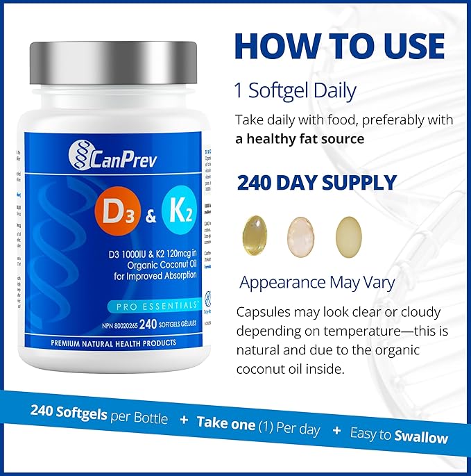 CanPrev D3 & K2 Vitamins 240 Softgels, 240-Day Supply, 1000IU Vitamin D3 & 120mcg K2, Supports Strong Bones, Teeth & Heart Wellness, Easy-to-Absorb with Organic Coconut Oil, No GMO, Gluten, Soy, Dairy