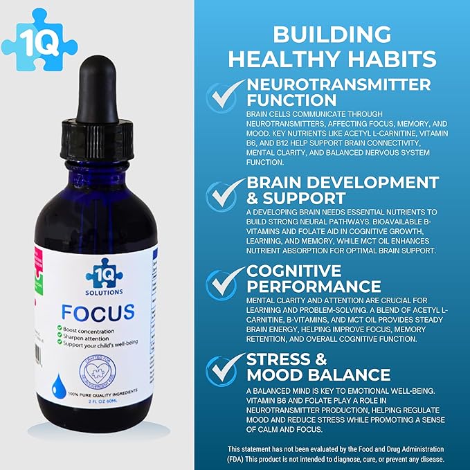 Focus Kids Enhances Clarity Drops | Acetyl L-Carnitine, Vitamin B1,B6,B12 & Folate | Sugar-Free, Vegan, Gluten-Free, Non-GMO | Cognitive & Attention Support | Advance Absorption | 2 Fl Oz